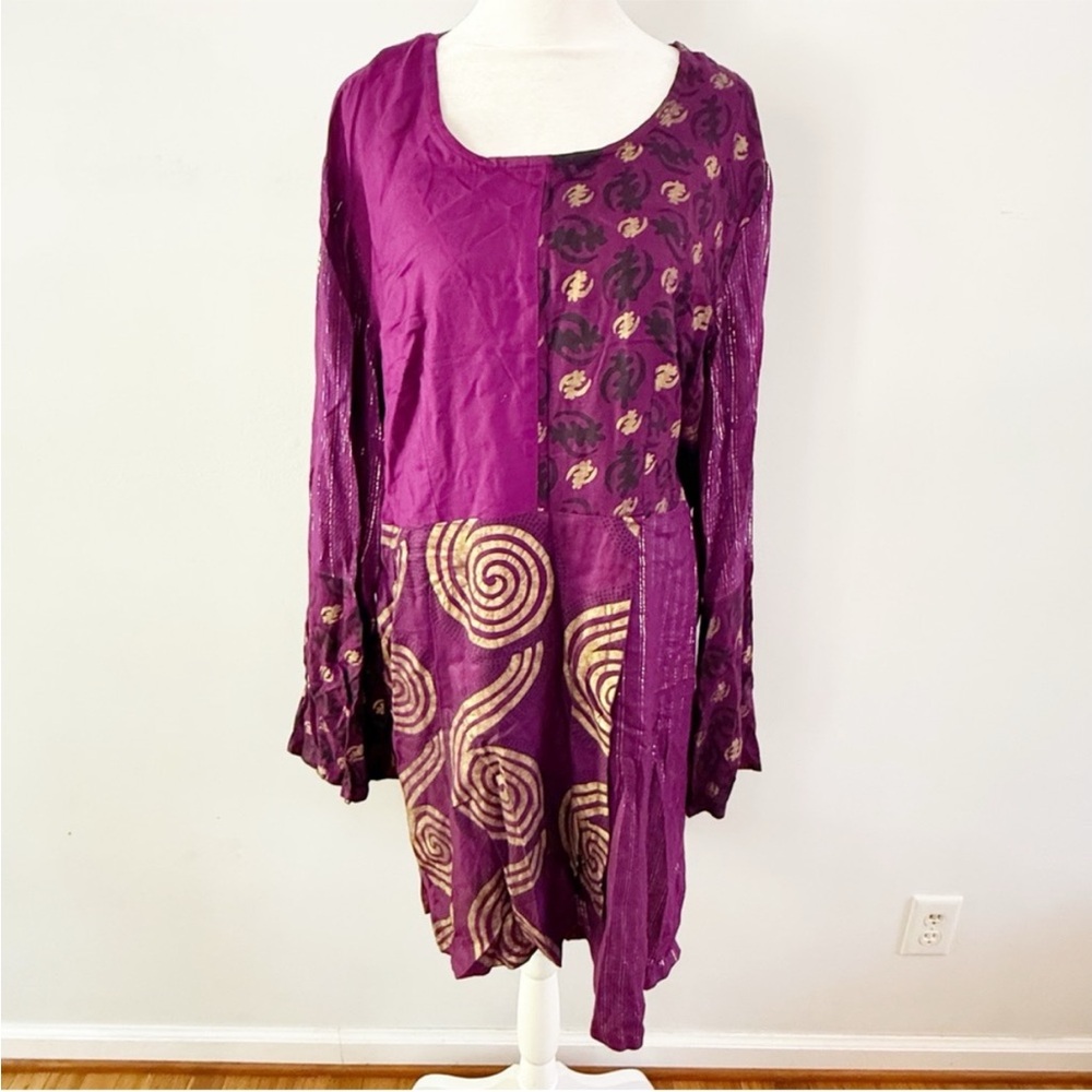 Ashro Patchwork Asymmetrical Flare Sleeve Tunic Top XL Boho Artsy Lagenlook